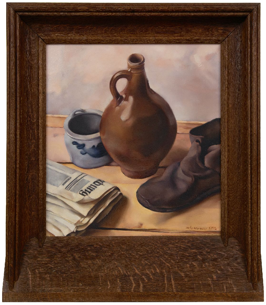 Kreuzer A.J.  | Aloys Johann Kreuzer | Schilderijen te koop aangeboden | Stilleven met kruik, krant en een schoen, olieverf op doek op board 49,6 x 45,8 cm, gesigneerd rechtsonder en gedateerd 1937