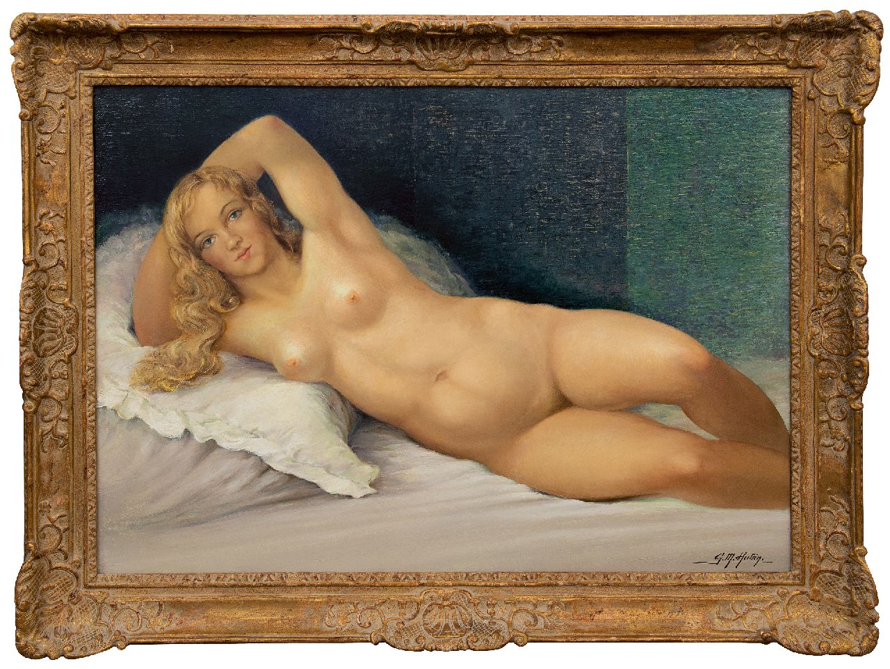 Hubin G.M. | Gilbert Maurice Hubin | Schilderijen te koop aangeboden | Liggend naakt, olieverf op doek 74,0 x 102,2 cm, gesigneerd rechtsonder Hubin G.M. | Gilbert Maurice Hubin | Schilderijen te koop aangeboden | Liggend naakt, olieverf op doek 74,0 x 102,2 cm, gesigneerd rechtsonder