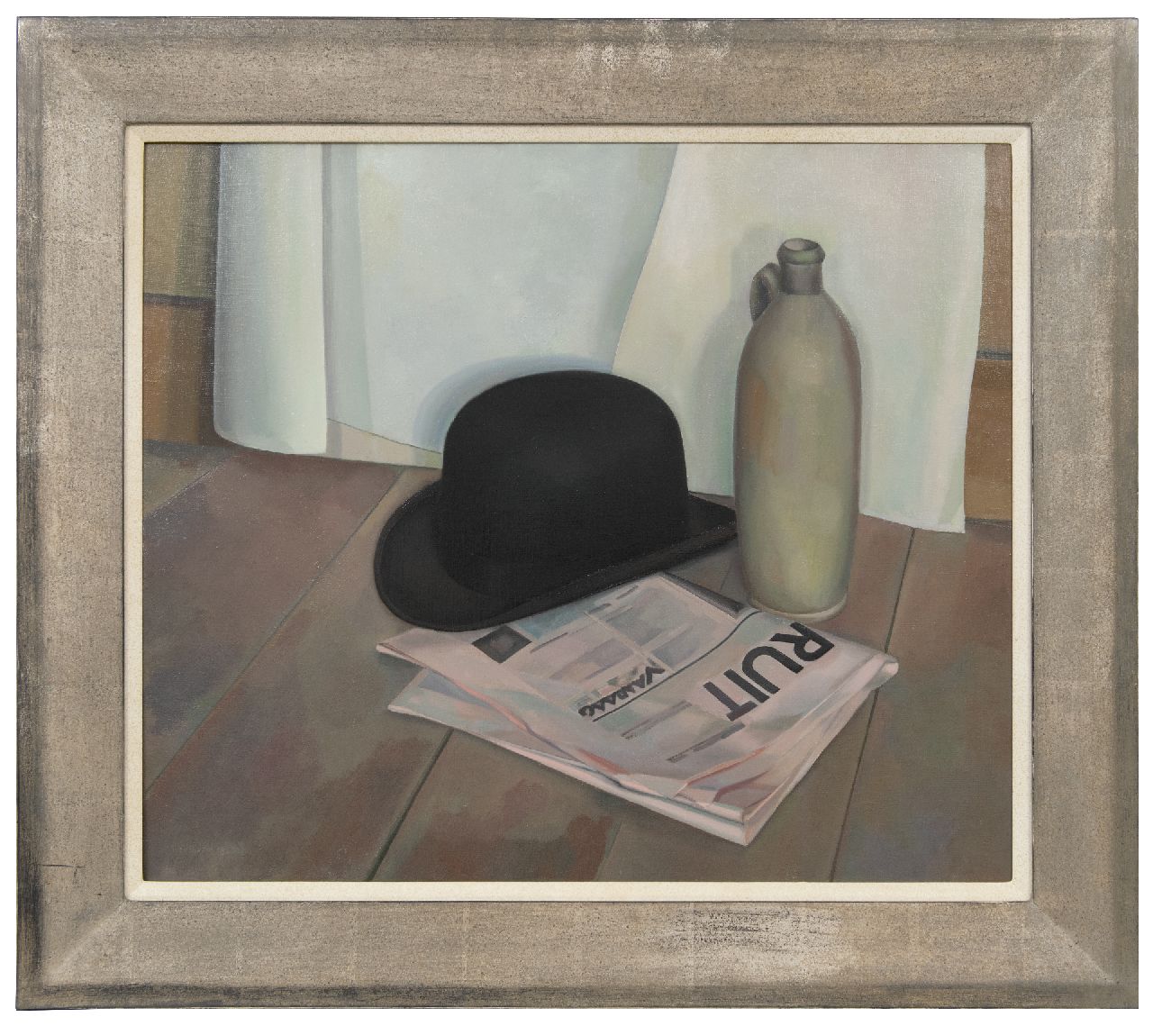 Berg J.M. van den | Josna Michiel 'Jos' van den Berg | Schilderijen te koop aangeboden | Stilleven met bolhoed, kruik en het dagblad Vooruit, olieverf op doek 60,3 x 70,5 cm, gesigneerd op spieraam