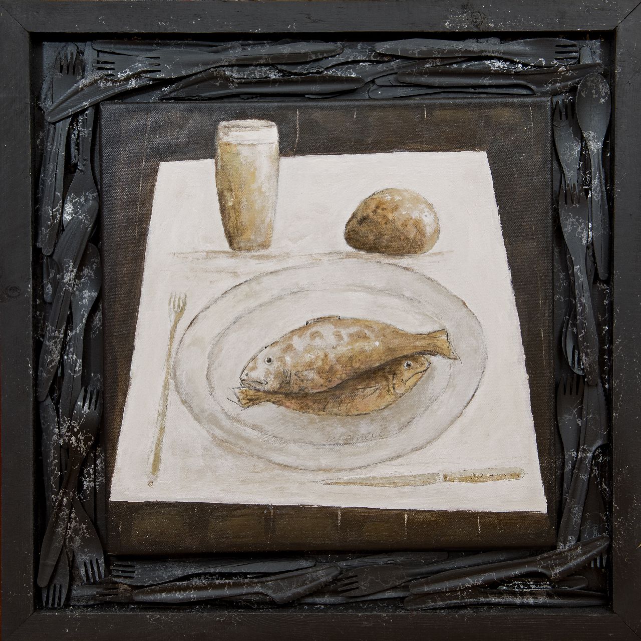 Hemert E. van | Evert van Hemert, Het kunstenaarsontbijt, acryl op doek 57,0 x 57,0 cm, gesigneerd rechtsonder op mes met monogram en gedateerd MMXVII Hemert E. van | Evert van Hemert, Het kunstenaarsontbijt, acryl op doek 57,0 x 57,0 cm, gesigneerd rechtsonder op mes met monogram en gedateerd MMXVII