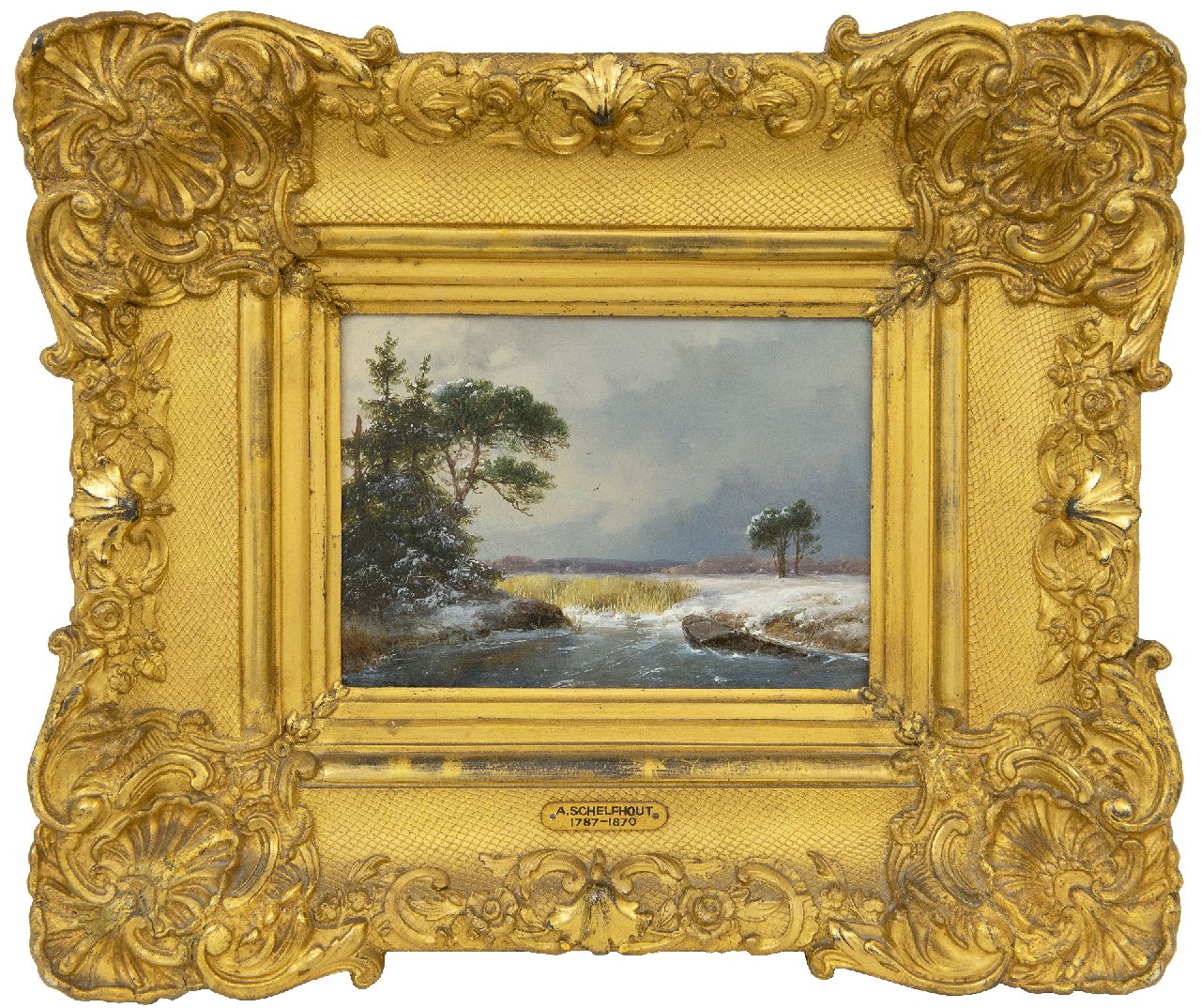 Schelfhout A. | Andreas Schelfhout, Besneeuwd winterlandschap, olieverf op paneel 13,7 x 19,5 cm, gesigneerd linksonder en gedateerd 1857 Schelfhout A. | Andreas Schelfhout, Besneeuwd winterlandschap, olieverf op paneel 13,7 x 19,5 cm, gesigneerd linksonder en gedateerd 1857