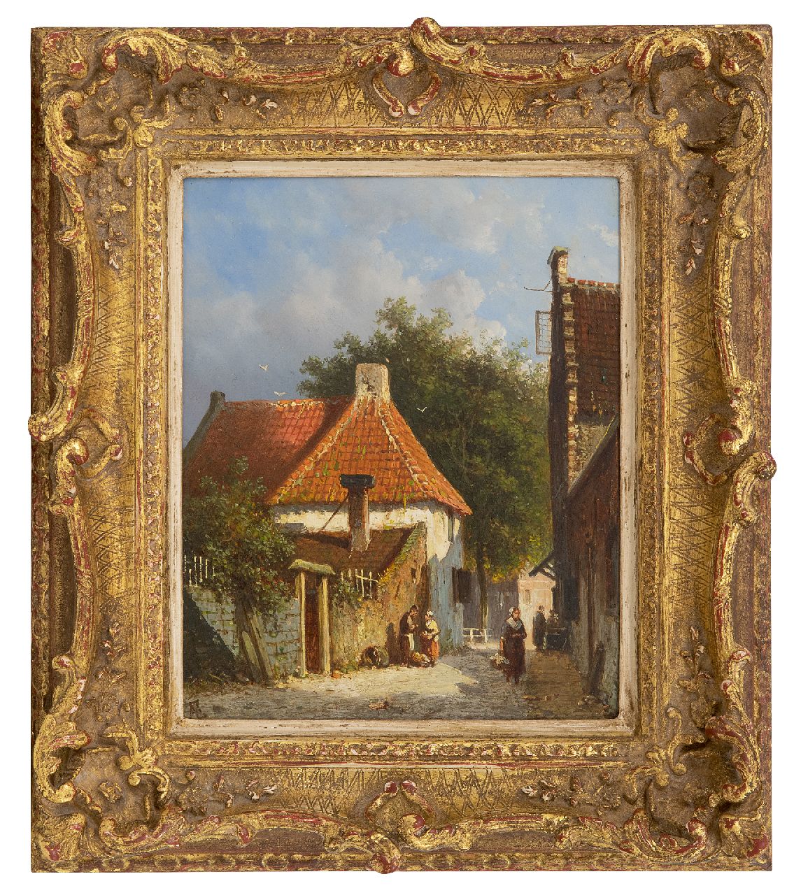 Eversen A. | Adrianus Eversen, Zonnig straatje in Amsterdam, olieverf op paneel 18,8 x 15,2 cm, gesigneerd linksonder met monogram Eversen A. | Adrianus Eversen, Zonnig straatje in Amsterdam, olieverf op paneel 18,8 x 15,2 cm, gesigneerd linksonder met monogram