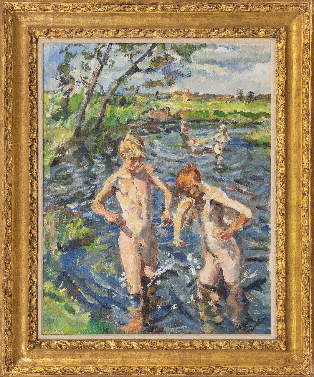 Dülmen Krumpelmann E.B. von | Erasmus Bernhard von Dülmen Krumpelmann | Schilderijen te koop aangeboden | Baders in de Drentse Aa, olieverf op doek op paneel 76,0 x 60,0 cm, gesigneerd rechtsonder Dülmen Krumpelmann E.B. von | Erasmus Bernhard von Dülmen Krumpelmann | Schilderijen te koop aangeboden | Baders in de Drentse Aa, olieverf op doek op paneel 76,0 x 60,0 cm, gesigneerd rechtsonder