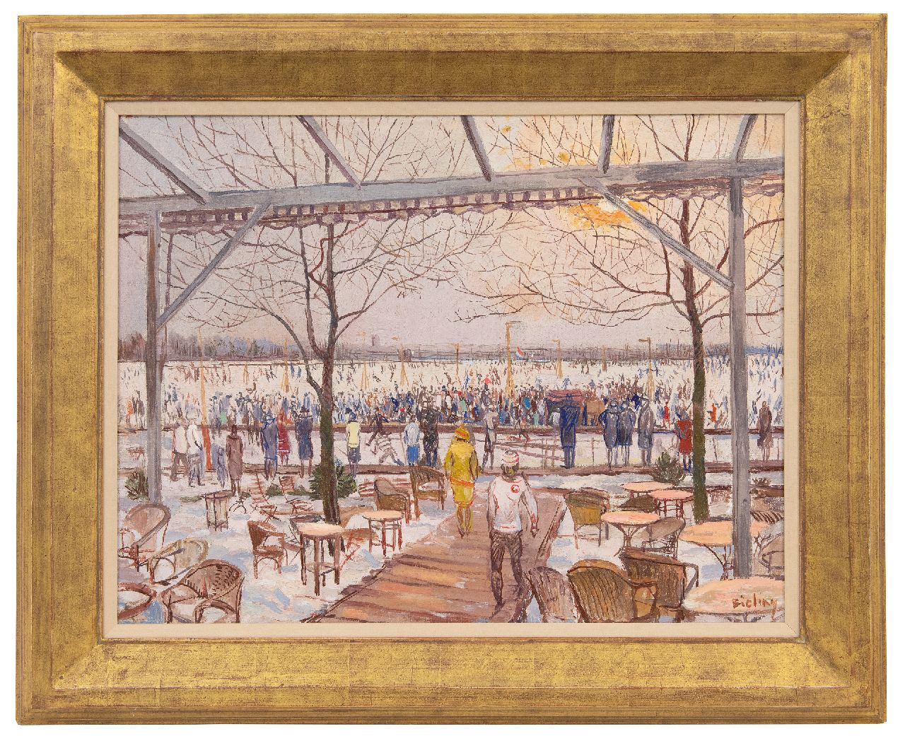 Bieling H.F.  | Hermann Friederich 'Herman' Bieling, Schaatspret op de Bergse Achterplas bij het Plaswijck Paviljoen, Rotterdam, olieverf op doek 43,5 x 56,6 cm, gesigneerd rechtsonder