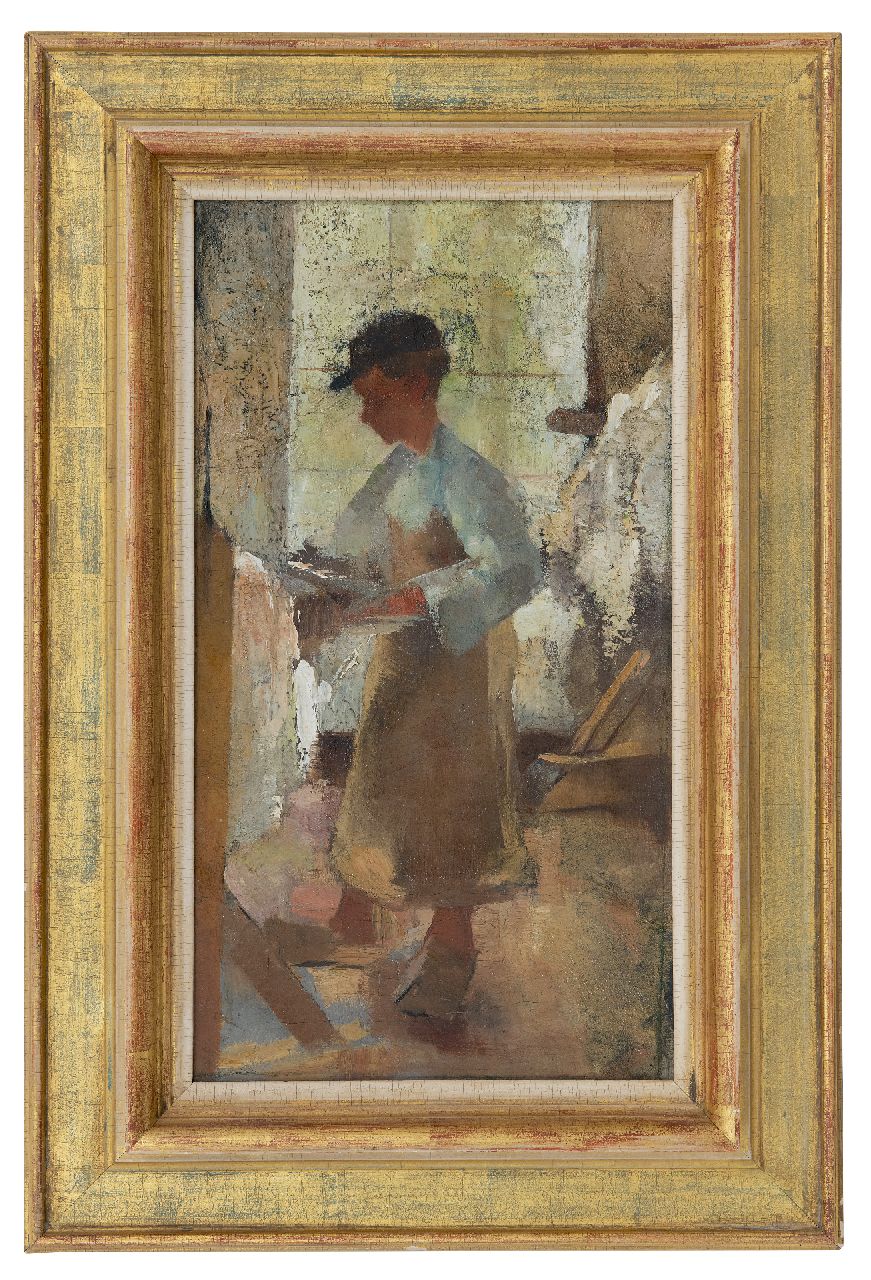 Rappard A.G.A. van | 'Anthon' Gerhard Alexander van Rappard, Jonge arbeider aan een spanbok, olieverf op doek 45,1 x 25,4 cm Rappard A.G.A. van | 'Anthon' Gerhard Alexander van Rappard, Jonge arbeider aan een spanbok, olieverf op doek 45,1 x 25,4 cm