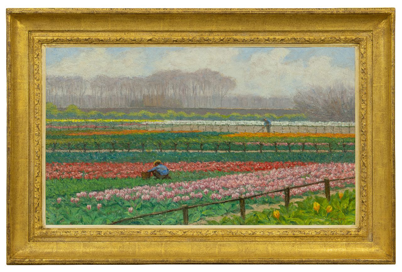 Bleckmann W.C.C. | Wilhelm Christiaan Constant Bleckmann, Bollenveld, olieverf op papier op doek op paneel 49,9 x 86,6 cm, gesigneerd rechtsonder Bleckmann W.C.C. | Wilhelm Christiaan Constant Bleckmann, Bollenveld, olieverf op papier op doek op paneel 49,9 x 86,6 cm, gesigneerd rechtsonder