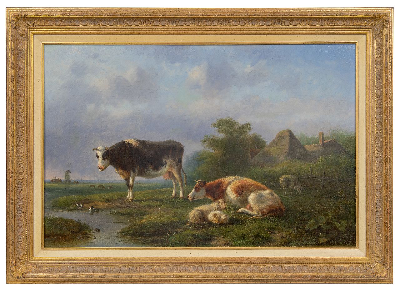 Ravenswaay J. van | Jan van Ravenswaay | Schilderijen te koop aangeboden | Hollands weidelandschap met rustend vee, olieverf op doek 63,0 x 98,0 cm, gesigneerd middenonder Ravenswaay J. van | Jan van Ravenswaay | Schilderijen te koop aangeboden | Hollands weidelandschap met rustend vee, olieverf op doek 63,0 x 98,0 cm, gesigneerd middenonder