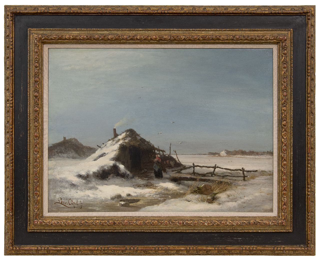Apol L.F.H.  | Lodewijk Franciscus Hendrik 'Louis' Apol | Schilderijen te koop aangeboden | Winterlandschap met plaggenhut, olieverf op doek 47,2 x 64,2 cm, gesigneerd linksonder en te dateren ca. 1871-1873