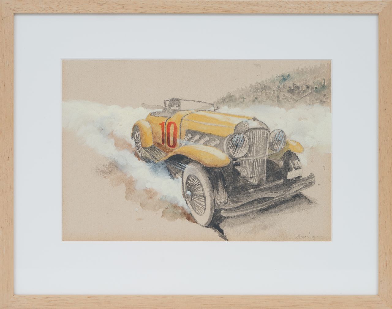 Onbekend   | Onbekend | Aquarellen en tekeningen te koop aangeboden | Raceauto nr. 10 in actie (set van 5, prijs per stuk), potlood, aquarel en gouache op papier 19,8 x 28,9 cm, gesigneerd rechtsonder