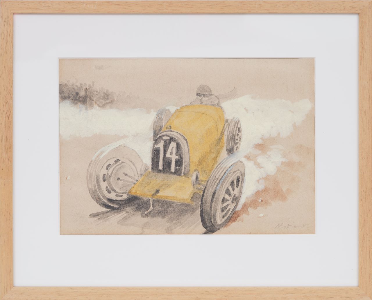 Onbekend   | Onbekend | Aquarellen en tekeningen te koop aangeboden | Raceauto nr. 14 in actie (set van 5, prijs per stuk), potlood, aquarel en gouache op papier 19,7 x 29,1 cm, gesigneerd rechtsonder