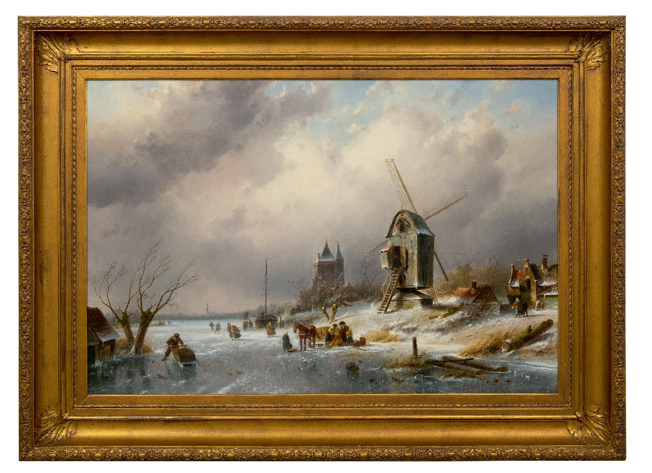 Leickert C.H.J.  | 'Charles' Henri Joseph Leickert, IJsgezicht met schaatsers, paardenslee en molen, olieverf op doek 77,8 x 115,1 cm, gesigneerd rechtsonder