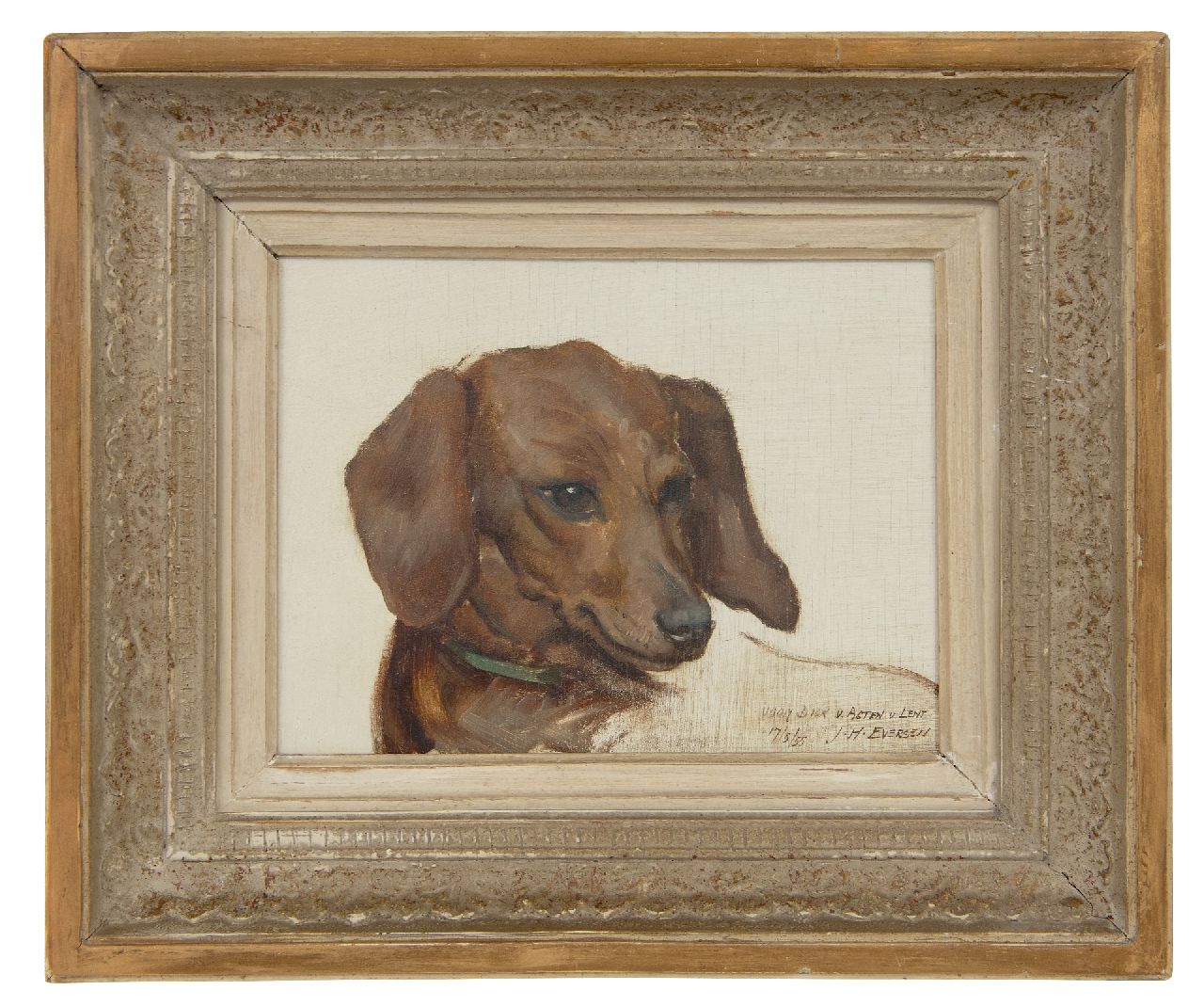 Eversen J.H.  | Johannes Hendrik 'Jan' Eversen | Schilderijen te koop aangeboden | Portret van een teckel, olieverf op paneel 17,9 x 23,9 cm, gesigneerd rechtsonder en gedateerd 17/5/55