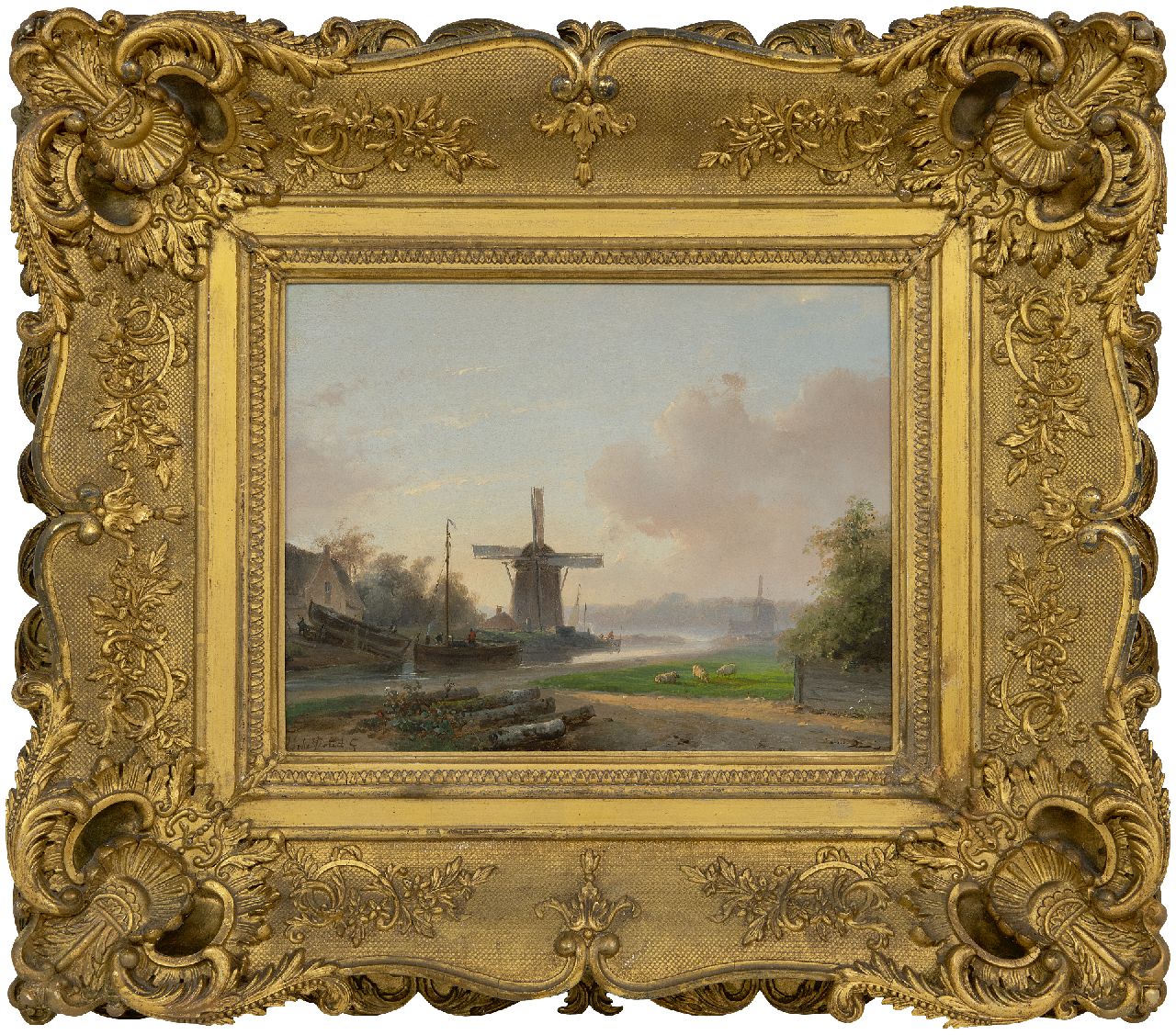 Schelfhout A.  | Andreas Schelfhout, Vroege ochtend bij een scheepswerfje (alleen tezamen met pendant winter), olieverf op paneel 25,4 x 32,8 cm, gesigneerd linksonder