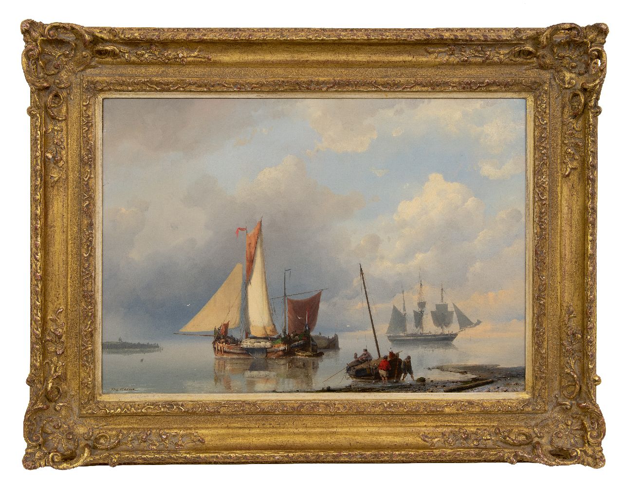 Koekkoek J.H.B. | Johannes Hermanus Barend 'Jan H.B.' Koekkoek | Schilderijen te koop aangeboden | Een Zeeuwse statiepoon bij windstilte, olieverf op doek 43,4 x 62,0 cm, gesigneerd linksonder Koekkoek J.H.B. | Johannes Hermanus Barend 'Jan H.B.' Koekkoek | Schilderijen te koop aangeboden | Een Zeeuwse statiepoon bij windstilte, olieverf op doek 43,4 x 62,0 cm, gesigneerd linksonder