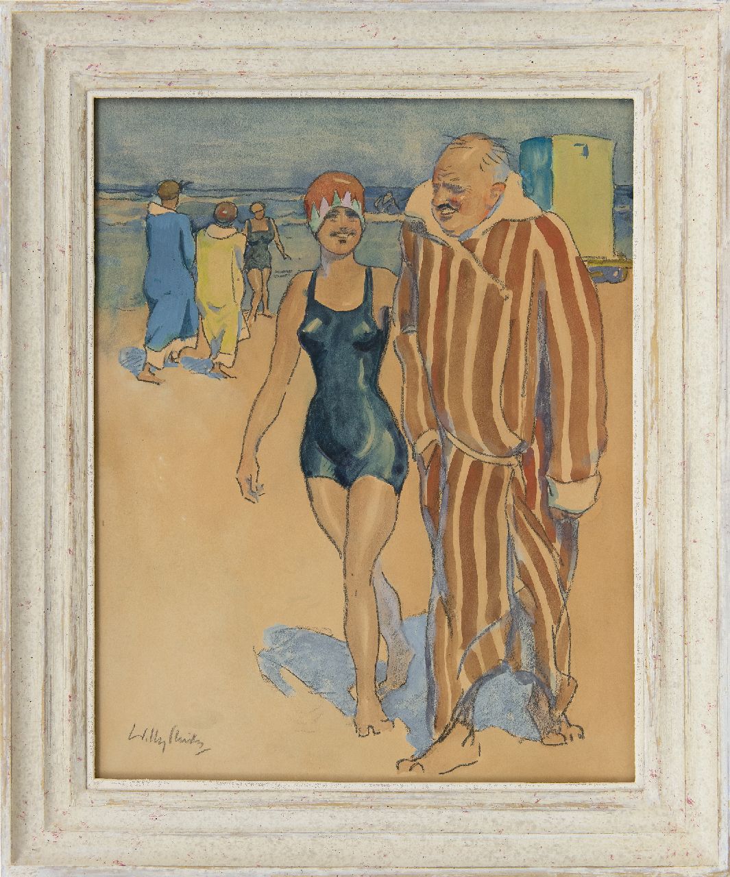 Sluiter J.W.  | Jan Willem 'Willy' Sluiter | Aquarellen en tekeningen te koop aangeboden | Na de duik in zee, Scheveningen, krijt en aquarel op board 47,0 x 37,0 cm, gesigneerd linksonder