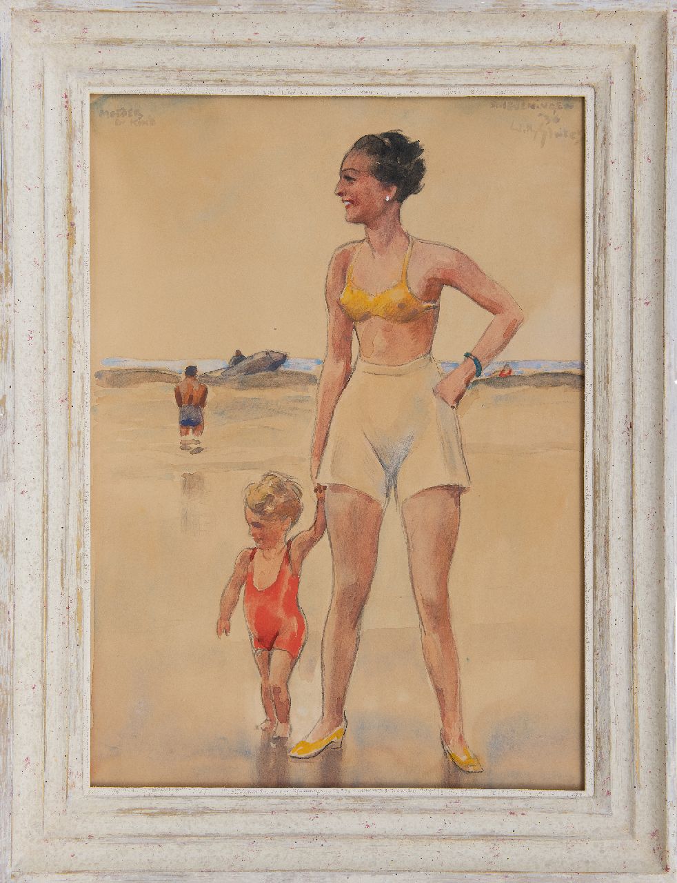Sluiter J.W. | Jan Willem 'Willy' Sluiter, Moeder en kind aan zee, Scheveningen, krijt en aquarel op board 49,0 x 35,7 cm, gesigneerd rechtsboven en gedateerd 'Scheveningen' '36 GERESERVEERD Sluiter J.W. | Jan Willem 'Willy' Sluiter, Moeder en kind aan zee, Scheveningen, krijt en aquarel op board 49,0 x 35,7 cm, gesigneerd rechtsboven en gedateerd 'Scheveningen' '36 GERESERVEERD