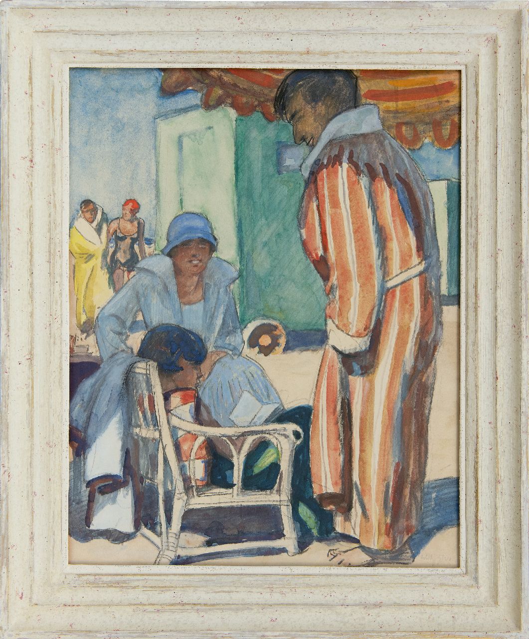 Sluiter J.W.  | Jan Willem 'Willy' Sluiter | Aquarellen en tekeningen te koop aangeboden | Familie op het strand van Scheveningen, krijt en aquarel op board 47,0 x 37,0 cm, gesigneerd rechtsonder