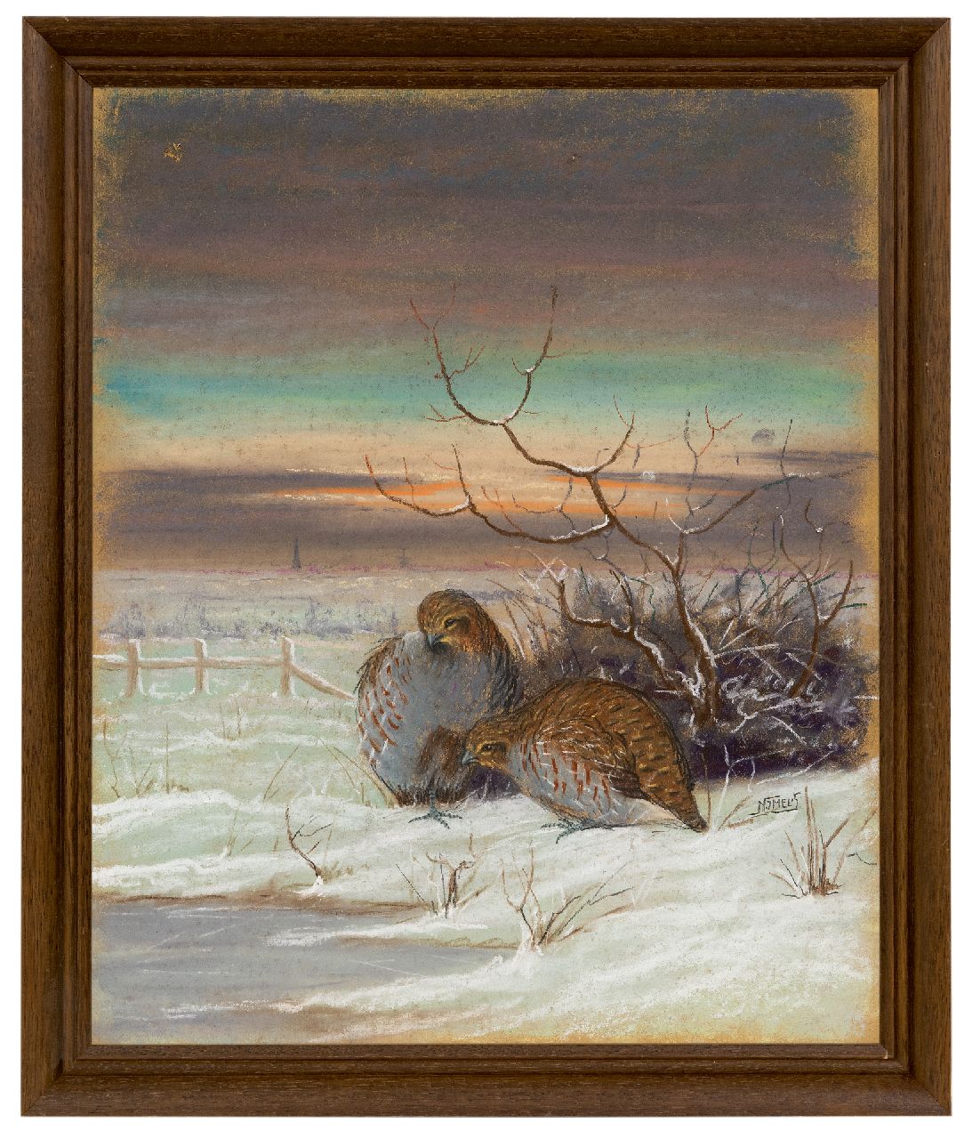Melis N.J.  | Nicolaas Jan Melis | Aquarellen en tekeningen te koop aangeboden | Patrijzen in een sneeuwlandschap, krijt en aquarel op board 48,8 x 41,0 cm, gesigneerd rechts van het midden