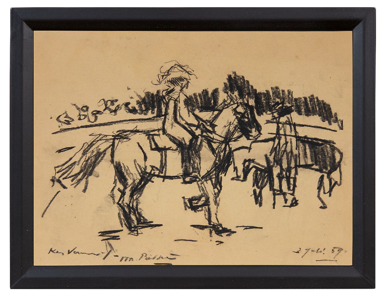Verwey K. | Kees Verwey | Aquarellen en tekeningen te koop aangeboden | Twee ruiters, houtskool op papier 21,9 x 29,6 cm, gesigneerd linksonder en gedateerd 3 juli 59 Verwey K. | Kees Verwey | Aquarellen en tekeningen te koop aangeboden | Twee ruiters, houtskool op papier 21,9 x 29,6 cm, gesigneerd linksonder en gedateerd 3 juli 59