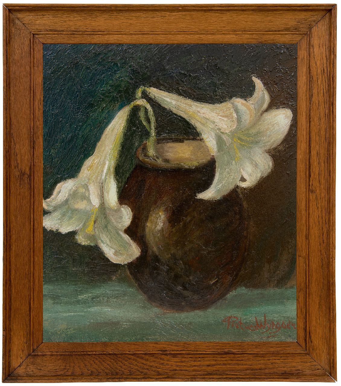 Wijngaerdt P.T. van | Petrus Theodorus 'Piet' van Wijngaerdt | Schilderijen te koop aangeboden | Lelietak in een vaas, olieverf op paneel 35,1 x 32,4 cm, gesigneerd rechtsonder Wijngaerdt P.T. van | Petrus Theodorus 'Piet' van Wijngaerdt | Schilderijen te koop aangeboden | Lelietak in een vaas, olieverf op paneel 35,1 x 32,4 cm, gesigneerd rechtsonder