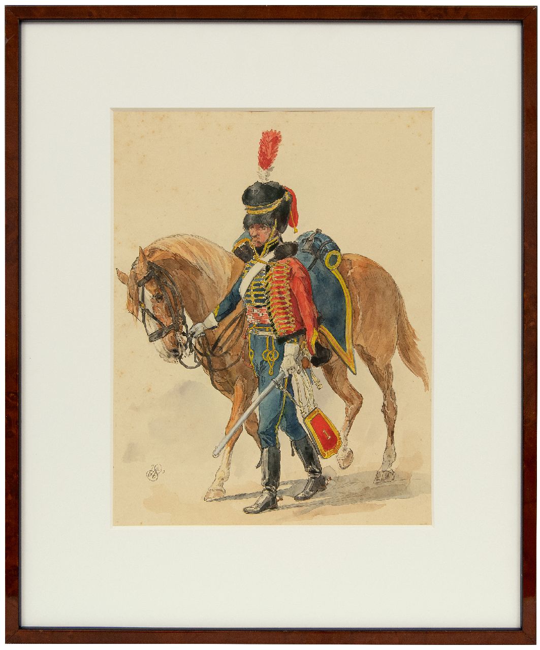 Staring W.C. | Willem Constantijn Staring | Aquarellen en tekeningen te koop aangeboden | Dragonder naast zijn paard, inkt en aquarel op papier 29,5 x 22,6 cm, gesigneerd linksonder met monogram Staring W.C. | Willem Constantijn Staring | Aquarellen en tekeningen te koop aangeboden | Dragonder naast zijn paard, inkt en aquarel op papier 29,5 x 22,6 cm, gesigneerd linksonder met monogram
