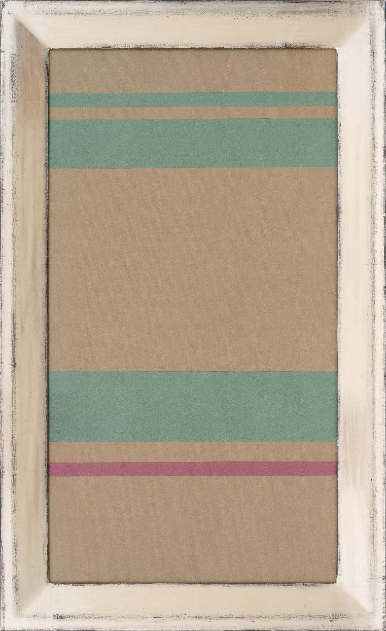 Boers W.H.F. | 'Willy' Herman Friederich Boers | Aquarellen en tekeningen te koop aangeboden | Bruin met 3 groene en 1 purperen baan, collage op papier 78,0 x 42,0 cm, gesigneerd middenonder en gedateerd Aug 1977 Boers W.H.F. | 'Willy' Herman Friederich Boers | Aquarellen en tekeningen te koop aangeboden | Bruin met 3 groene en 1 purperen baan, collage op papier 78,0 x 42,0 cm, gesigneerd middenonder en gedateerd Aug 1977