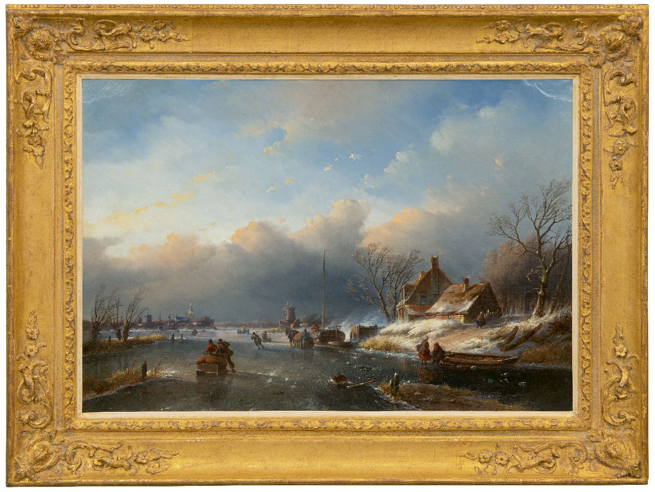 Spohler J.J.  | Jan Jacob Spohler | Schilderijen te koop aangeboden | IJsgezicht met schaatsers, olieverf op doek 59,5 x 80,5 cm, gesigneerd linksonder
