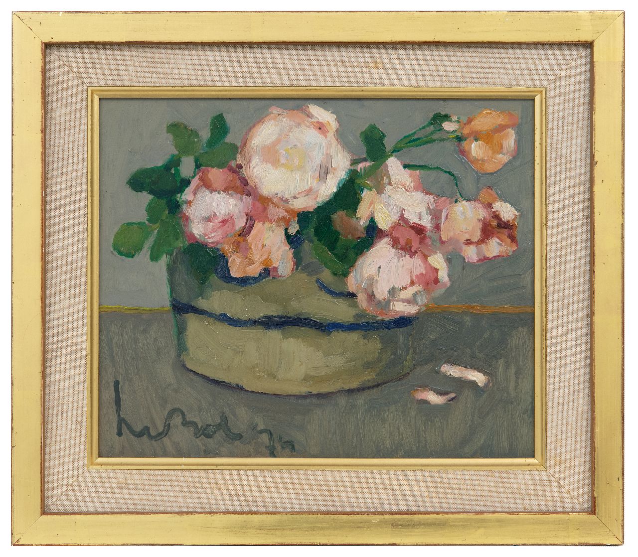 Bol K. | Cornelis 'Kees' Bol, Rozen, olieverf op board 23,3 x 28,1 cm, gesigneerd linksonder en verso gedateerd 1974 Bol K. | Cornelis 'Kees' Bol, Rozen, olieverf op board 23,3 x 28,1 cm, gesigneerd linksonder en verso gedateerd 1974