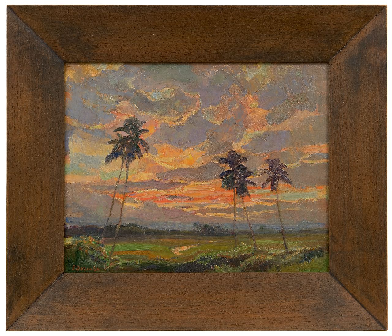 Dezentjé E.  | Ernest Dezentjé, Zonsondergang in de omgeving van de kultuurtuin Tjikeumeuh, Buitenzorg, olieverf op paneel 31,9 x 39,3 cm, gesigneerd linksonder en verso