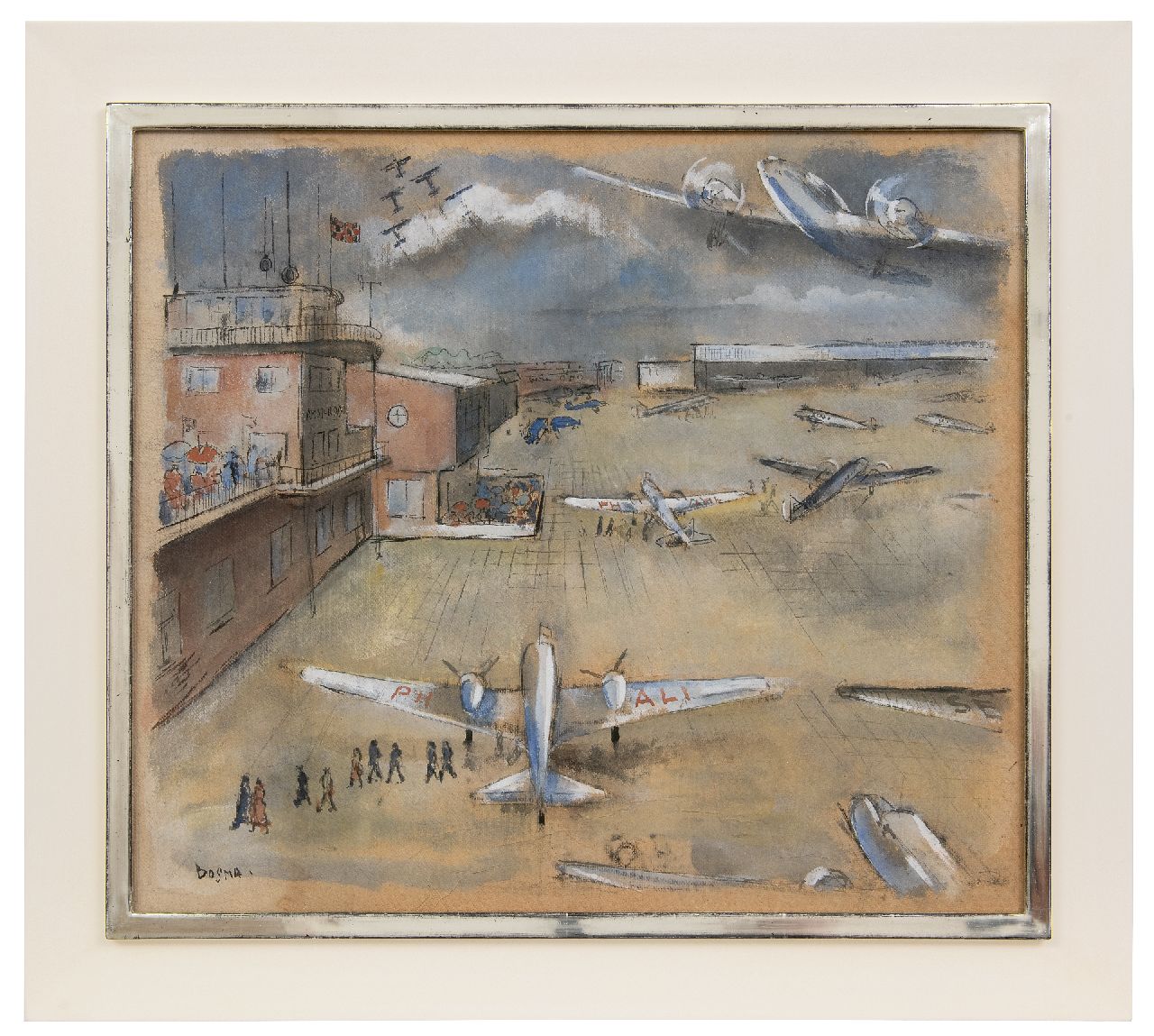 Bosma W. | Willem 'Wim' Bosma, Vliegveld Schiphol met de KLM Douglas DC-3 'Ibis', krijt en gouache op karton 54,4 x 62,0 cm, gesigneerd linksonder en te dateren eind jaren 30 Bosma W. | Willem 'Wim' Bosma, Vliegveld Schiphol met de KLM Douglas DC-3 'Ibis', krijt en gouache op karton 54,4 x 62,0 cm, gesigneerd linksonder en te dateren eind jaren 30