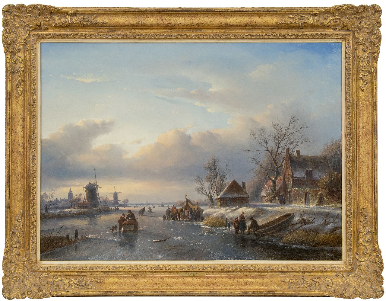 Spohler J.J.  | Jan Jacob Spohler, Drukbevolkt ijsgezicht met schaatsers, sledes en een koek-en-zopie, olieverf op doek 59,7 x 82,2 cm, gesigneerd linksonder