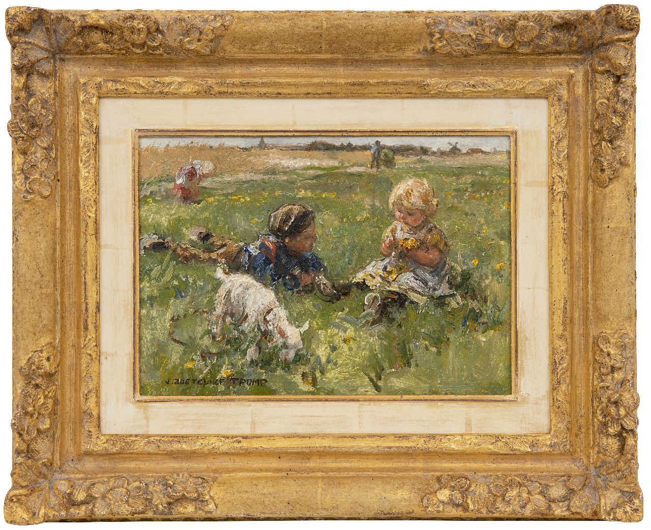 Zoetelief Tromp J.  | Johannes 'Jan' Zoetelief Tromp, Bloemen plukken bij Blaricum, olieverf op paneel 18,9 x 26,6 cm, gesigneerd linksonder