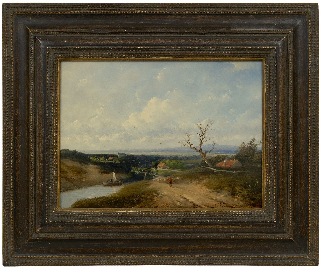 Madlener A.J. | Antonius Josephus Madlener | Schilderijen te koop aangeboden | Panoramisch landschap met herder en schapen, olieverf op paneel 21,7 x 29,7 cm, gesigneerd rechtsonder en gedateerd '54 Madlener A.J. | Antonius Josephus Madlener | Schilderijen te koop aangeboden | Panoramisch landschap met herder en schapen, olieverf op paneel 21,7 x 29,7 cm, gesigneerd rechtsonder en gedateerd '54