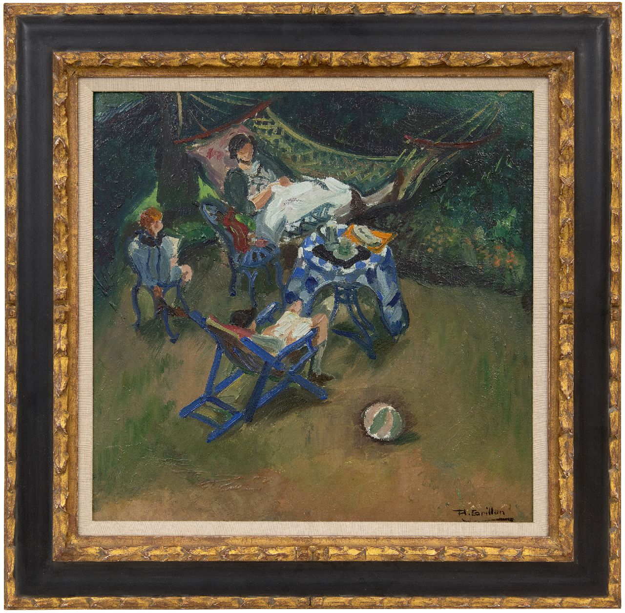 Grillon R.M.  | Roger Maurice Grillon | Schilderijen te koop aangeboden | Het gezin van de schilder in de tuin, olieverf op board 40,8 x 41,0 cm, gesigneerd rechtsonder en te dateren ca. 1900