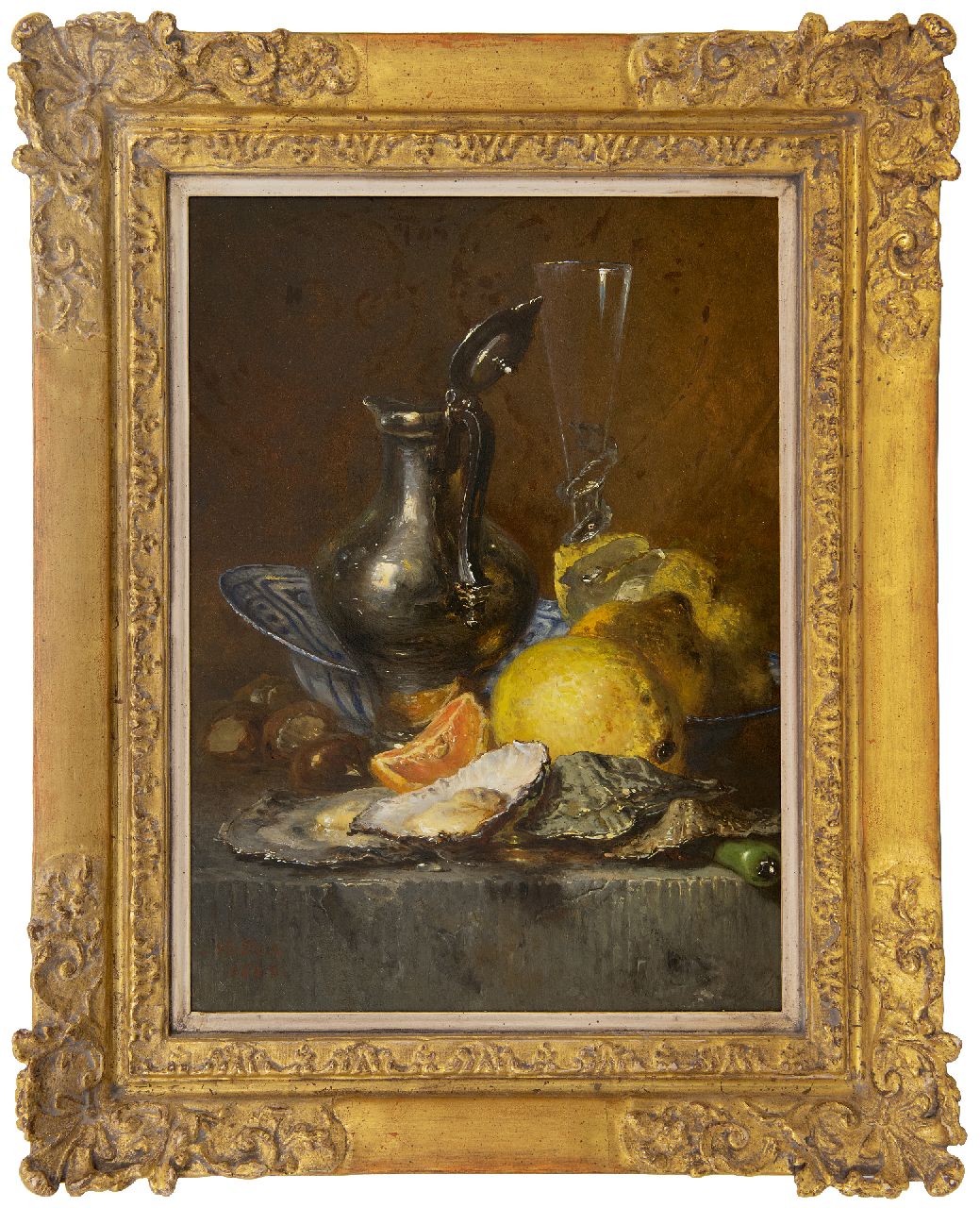 Vos M. | Maria Vos, Stilleven met oesters, citroenen en zilveren kan, olieverf op paneel 38,6 x 27,6 cm, gesigneerd linksonder en gedateerd 1880 Vos M. | Maria Vos, Stilleven met oesters, citroenen en zilveren kan, olieverf op paneel 38,6 x 27,6 cm, gesigneerd linksonder en gedateerd 1880