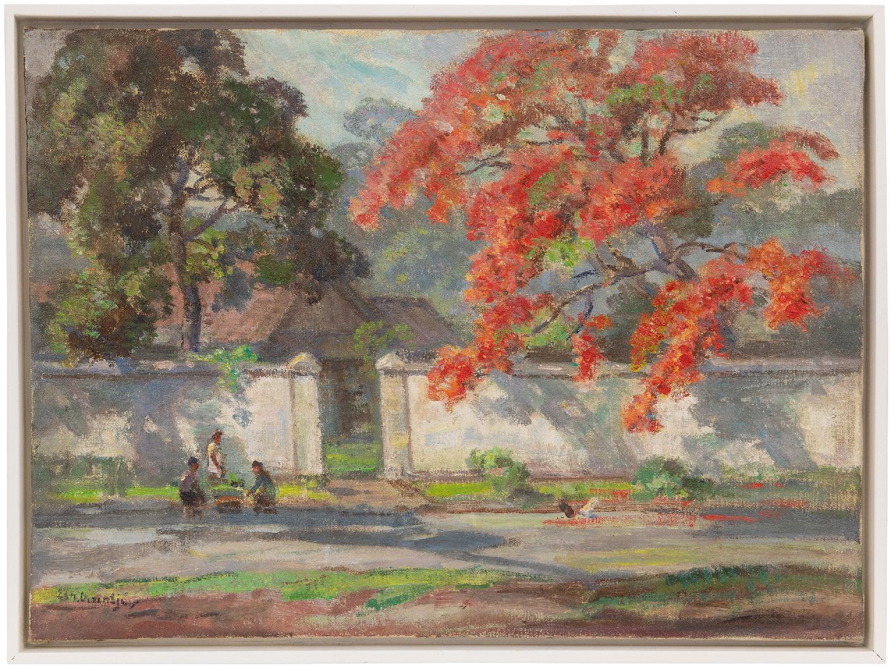 Dezentjé E.  | Ernest Dezentjé, Tuinmuur met bloeiende flamboyant, olieverf op doek 40,3 x 55,1 cm, gesigneerd linksonder