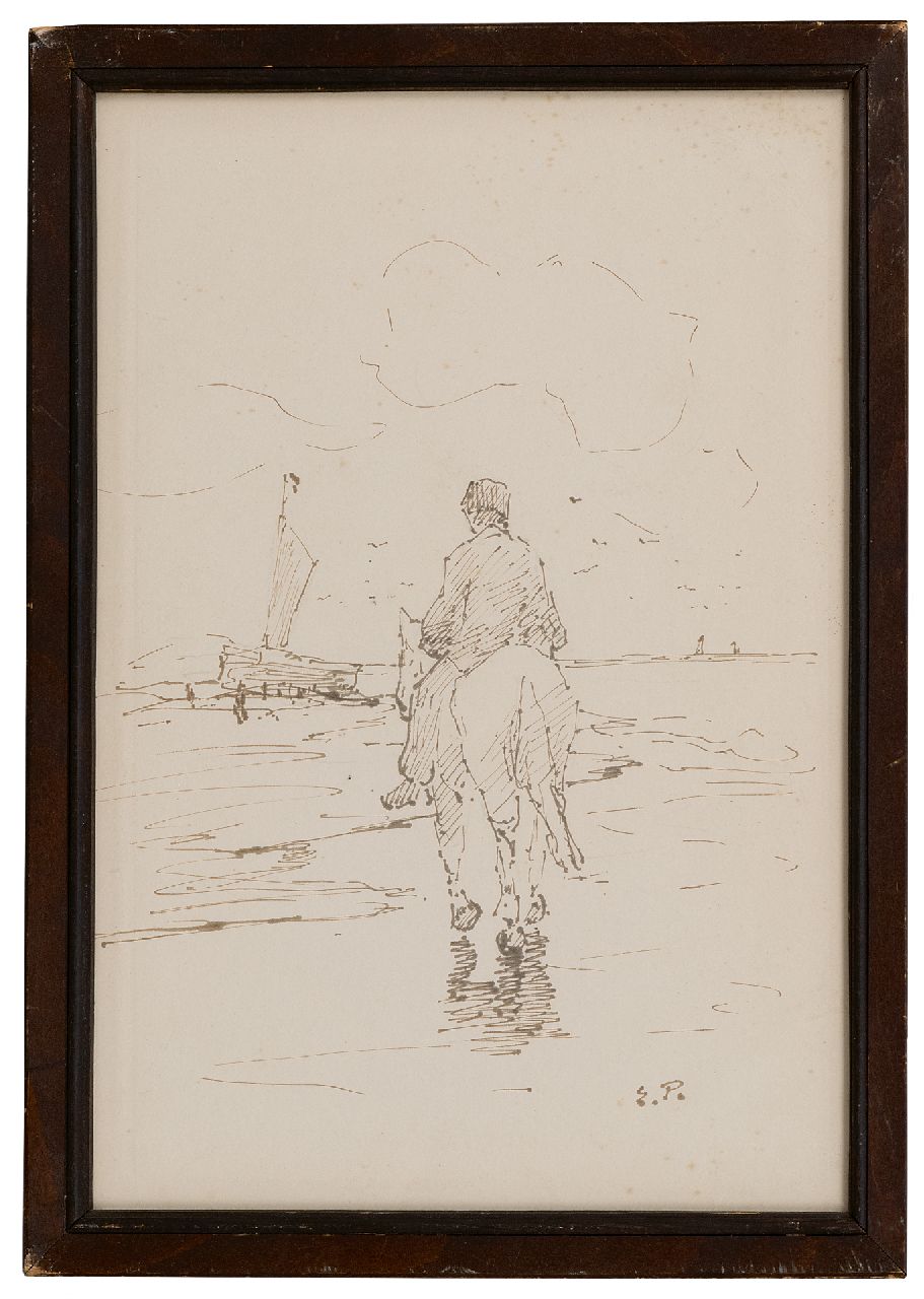 Pieters E.  | Evert Pieters | Aquarellen en tekeningen te koop aangeboden | Lijnhaalder te paard in de branding, inkt op papier 31,9 x 21,7 cm, gesigneerd rechtsonder met initialen