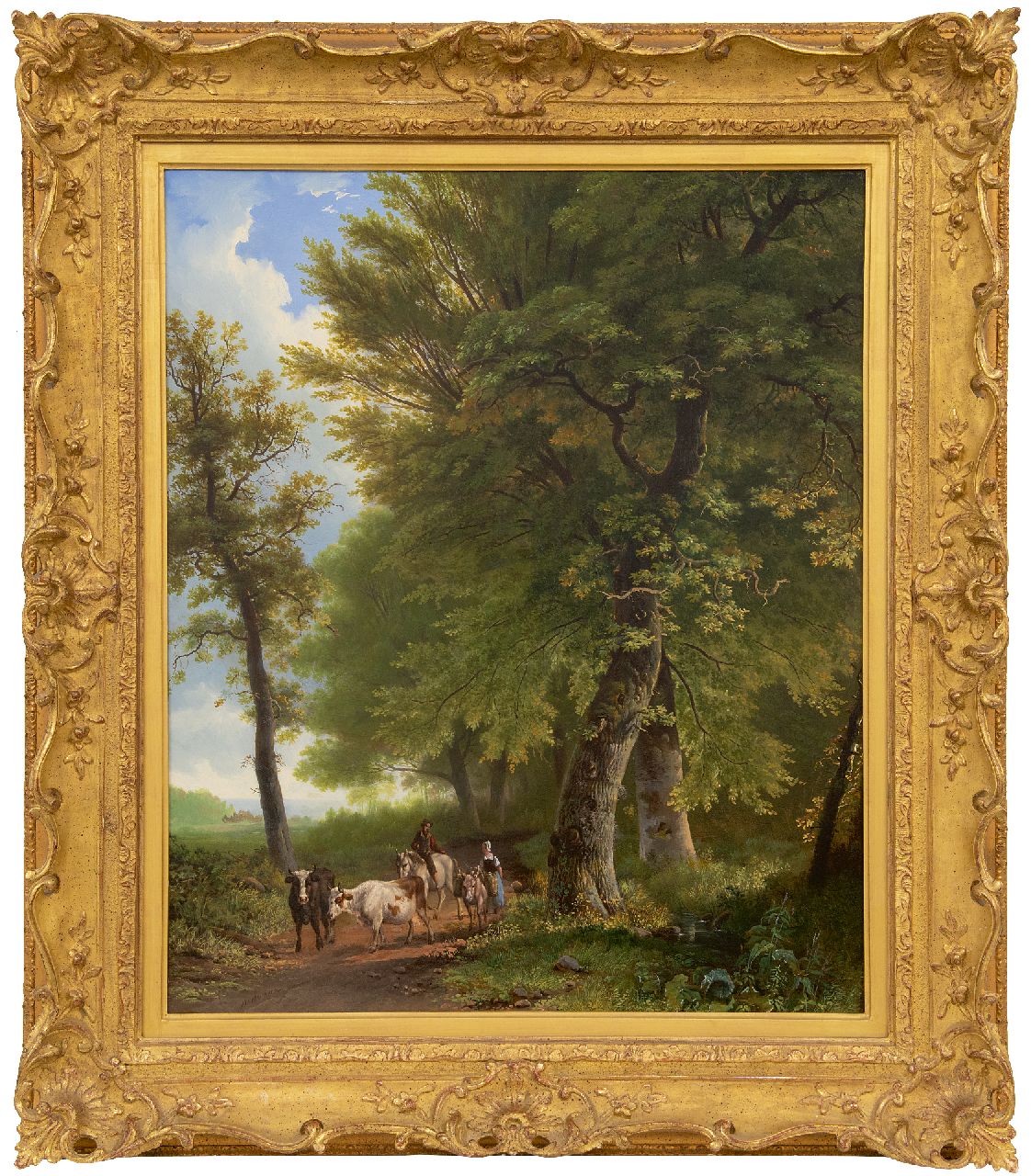 Bodeman W. | Willem Bodeman | Schilderijen te koop aangeboden | Een boerin met vee en een reiziger op een bospad, olieverf op paneel 58,8 x 49,0 cm, gesigneerd linksonder Bodeman W. | Willem Bodeman | Schilderijen te koop aangeboden | Een boerin met vee en een reiziger op een bospad, olieverf op paneel 58,8 x 49,0 cm, gesigneerd linksonder
