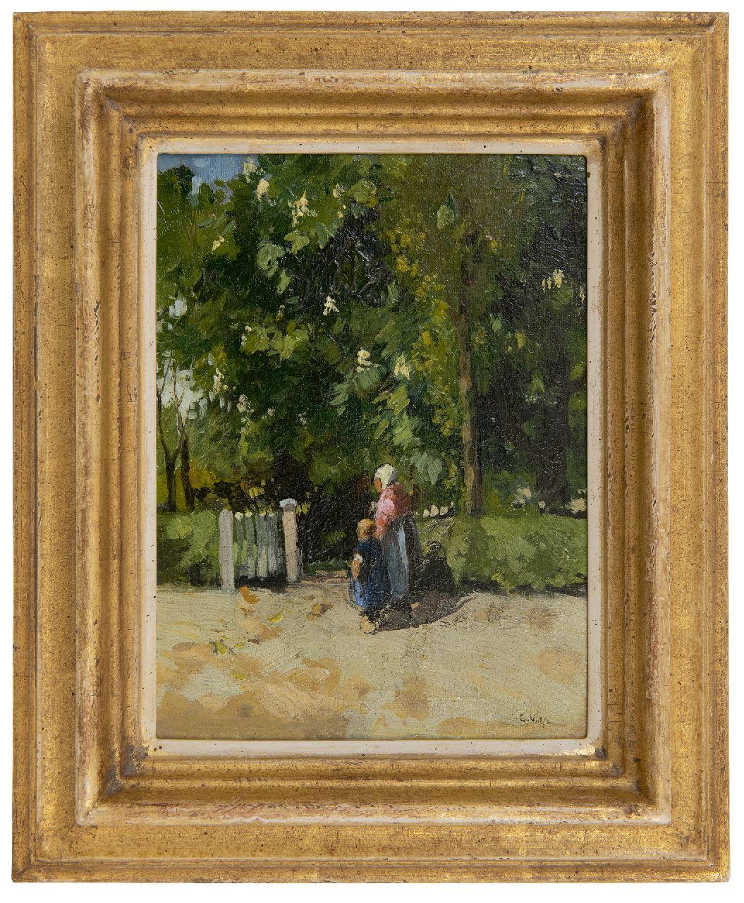 Vreedenburgh C. | Cornelis Vreedenburgh | Schilderijen te koop aangeboden | Moeder en kind bij tuinhekje, olieverf op doek 21,4 x 16,2 cm, gesigneerd rechtsonder met initialen en gedateerd '07 Vreedenburgh C. | Cornelis Vreedenburgh | Schilderijen te koop aangeboden | Moeder en kind bij tuinhekje, olieverf op doek 21,4 x 16,2 cm, gesigneerd rechtsonder met initialen en gedateerd '07