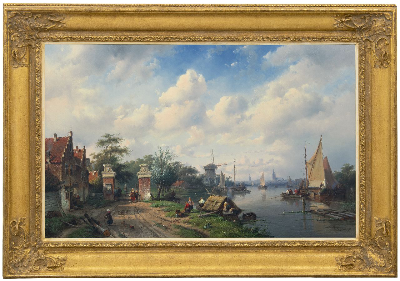Leickert C.H.J.  | 'Charles' Henri Joseph Leickert, Zomerse vaart met tolhek de Tolhuispoort in Oegstgeest, beter bekend als 'het Leidsche Hek', olieverf op paneel 65,4 x 103,0 cm, gesigneerd rechtsonder en gedateerd '53