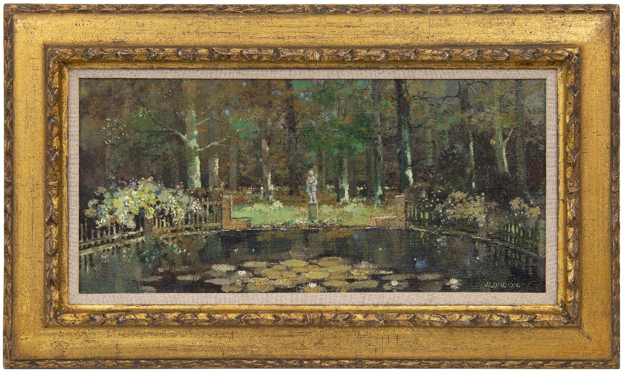 London J. | Jacob London, De tuin achter het woonhuis van de kunstenaar in Hilversum, olieverf op doek 25,0 x 52,6 cm, gesigneerd rechtsonder London J. | Jacob London, De tuin achter het woonhuis van de kunstenaar in Hilversum, olieverf op doek 25,0 x 52,6 cm, gesigneerd rechtsonder