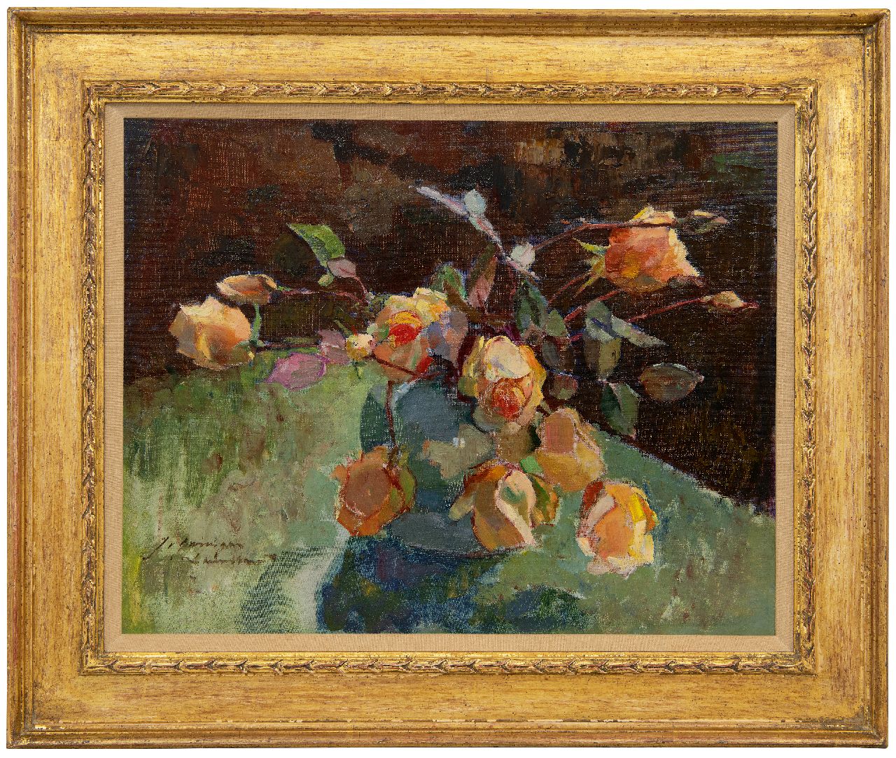 Groningen-Laurillard J.A.G. van | 'Jacoba' Adriana Geertruida van Groningen-Laurillard | Schilderijen te koop aangeboden | Bloemstilleven van gele rozen, olieverf op doek op paneel 39,7 x 49,9 cm, gesigneerd linksonder