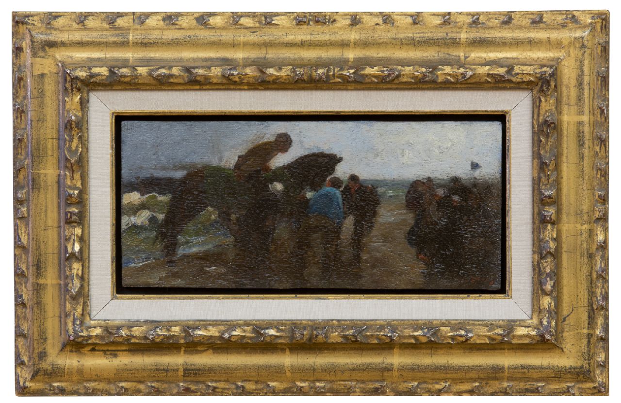 Zwart W.H.P.J. de | Wilhelmus Hendrikus Petrus Johannes 'Willem' de Zwart | Schilderijen te koop aangeboden | In de storm op het strand, olieverf op paneel 11,8 x 26,5 cm, gesigneerd rechtsonder en te dateren 1893-1894