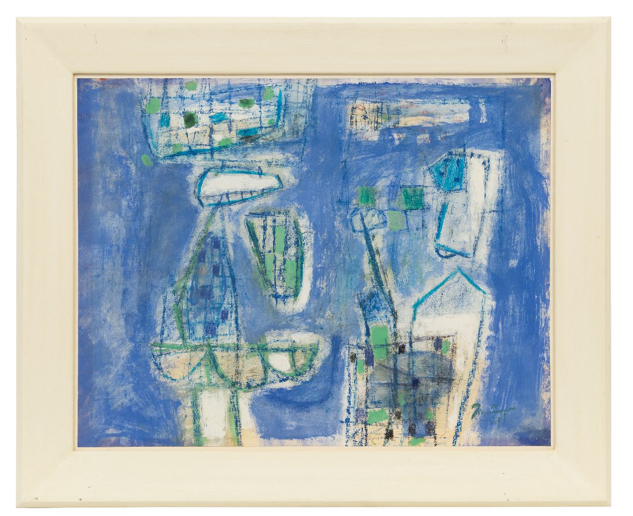 Nanninga J.  | Jacob 'Jaap' Nanninga | Aquarellen en tekeningen te koop aangeboden | Compositie op blauw fond, gouache en krijt op papier 48,0 x 61,5 cm, gesigneerd rechtsonder en gedateerd '59