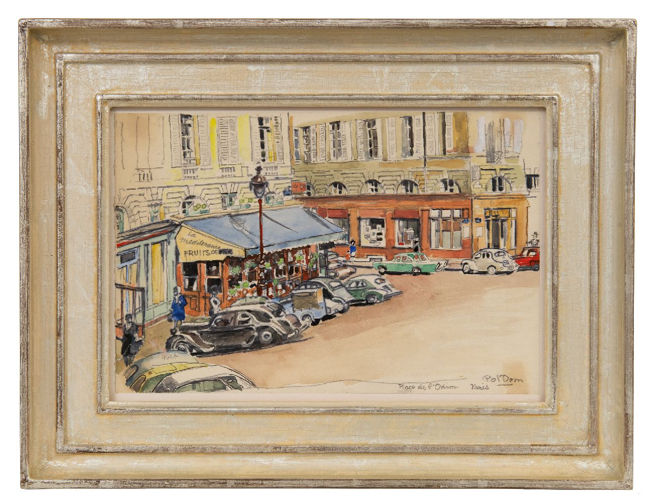 Dom P.L.C.  | Paulus Ludovicus Carolus 'Pol' Dom, Place de l'Odéon in Parijs, met oldtimers, potlood, pen, inkt en aquarel op papier 16,3 x 24,6 cm, gesigneerd rechtsonder