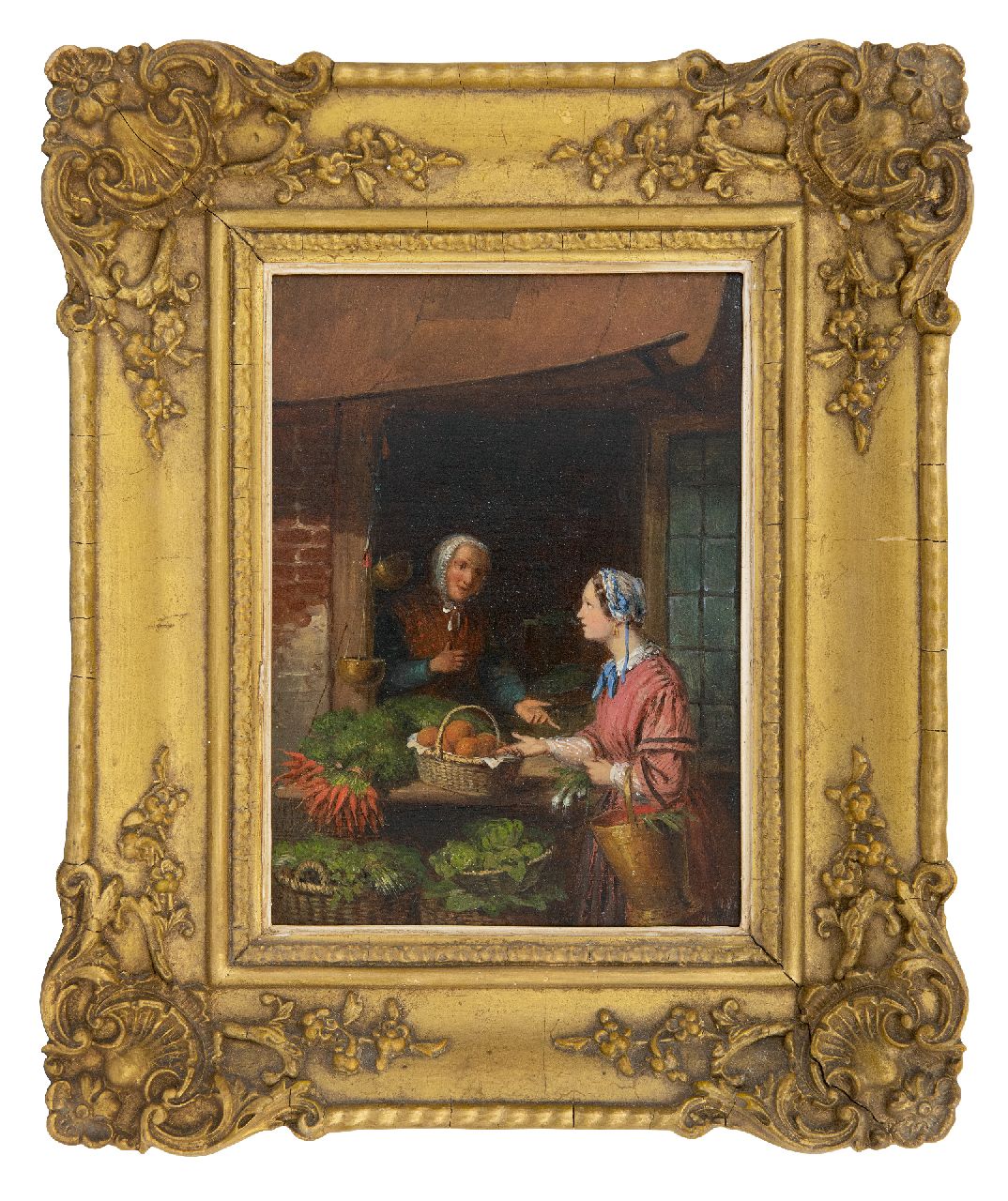 Scheerboom A. | Andries Scheerboom | Schilderijen te koop aangeboden | De groenteverkoopster, olieverf op paneel 34,4 x 25,9 cm, gesigneerd rechtsonder met initialen en gedateerd 1861 Scheerboom A. | Andries Scheerboom | Schilderijen te koop aangeboden | De groenteverkoopster, olieverf op paneel 34,4 x 25,9 cm, gesigneerd rechtsonder met initialen en gedateerd 1861