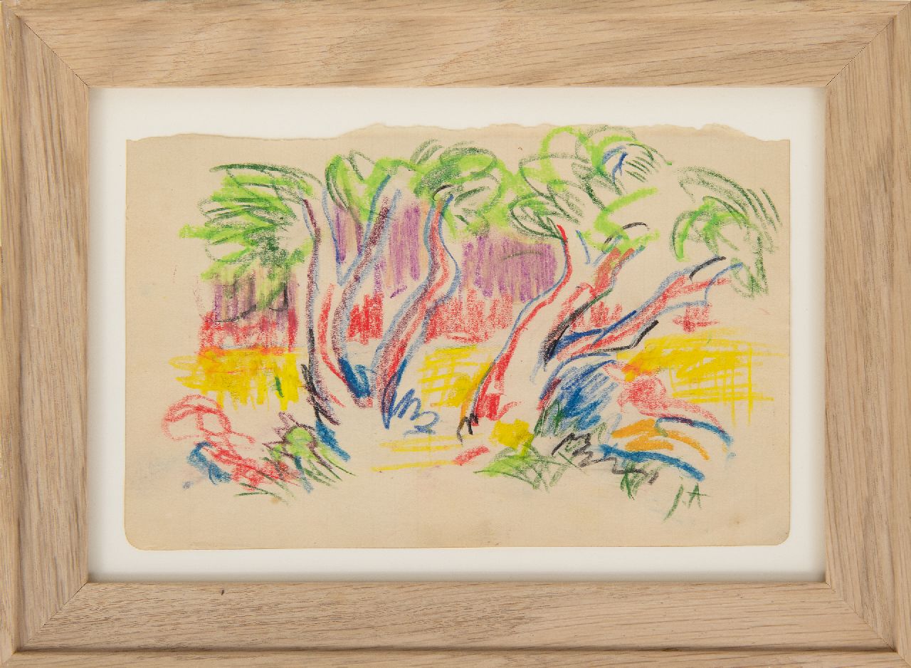 Altink J. | Jan Altink | Aquarellen en tekeningen te koop aangeboden | Doorkijk tussen bomen, krijt op papier 12,6 x 20,1 cm, gesigneerd rechtsonder met initialen Altink J. | Jan Altink | Aquarellen en tekeningen te koop aangeboden | Doorkijk tussen bomen, krijt op papier 12,6 x 20,1 cm, gesigneerd rechtsonder met initialen