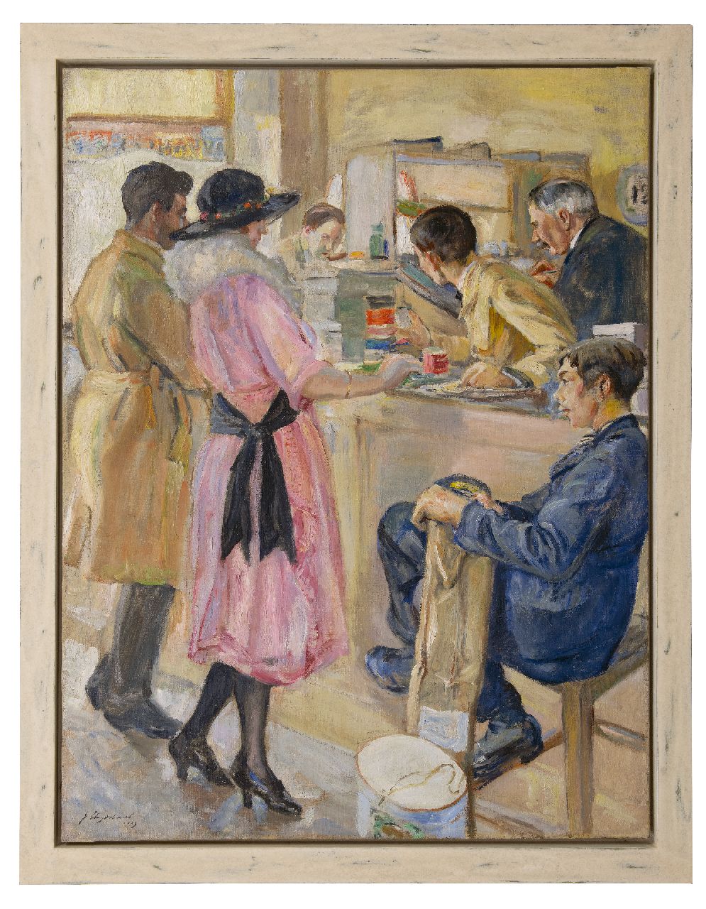 Thysebaert E.  | Emile Thysebaert | Schilderijen te koop aangeboden | In de fourniturenwinkel, olieverf op doek 109,2 x 83,2 cm, gesigneerd linksonder en gedateerd 1923 (onduidelijk)