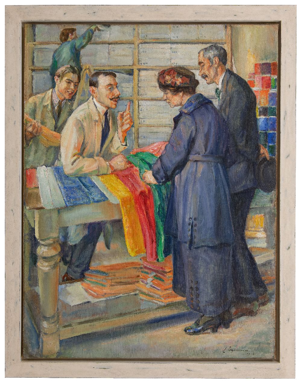 Thysebaert E.  | Emile Thysebaert | Schilderijen te koop aangeboden | In de stoffenwinkel, olieverf op doek 109,2 x 83,0 cm, gesigneerd rechtsonder en gedateerd 1922 (onduidelijk)