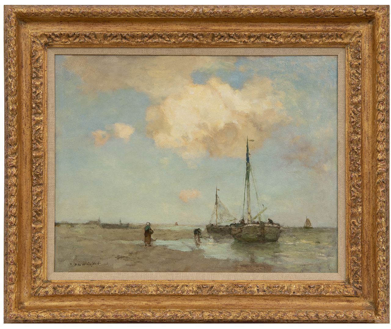 Weissenbruch H.J. | Hendrik Johannes 'J.H.' Weissenbruch | Schilderijen te koop aangeboden | Bomschuiten aan de vloedlijn, olieverf op doek 38,9 x 50,9 cm, gesigneerd linksonder Weissenbruch H.J. | Hendrik Johannes 'J.H.' Weissenbruch | Schilderijen te koop aangeboden | Bomschuiten aan de vloedlijn, olieverf op doek 38,9 x 50,9 cm, gesigneerd linksonder